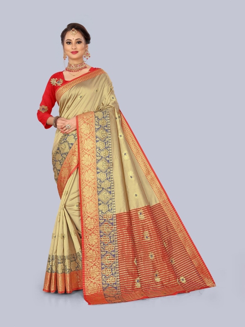 

KAITHY CREATION Cream-Coloured & Red Floral Zari Art Silk Banarasi Saree