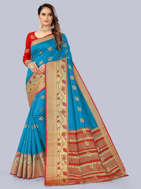 

KAITHY CREATION Blue & Red Woven Design Art Silk Banarasi Saree