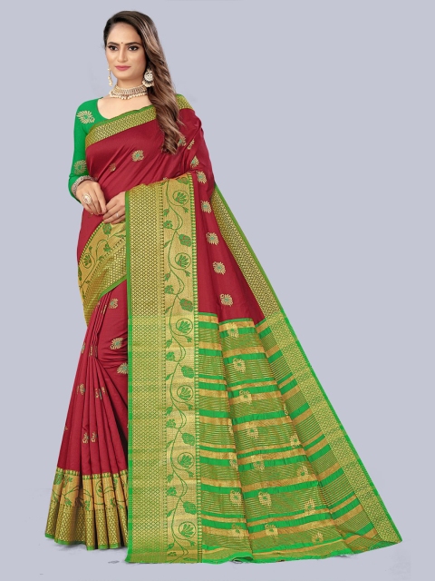 

KAITHY CREATION Maroon & Green Floral Zari Art Silk Banarasi Saree