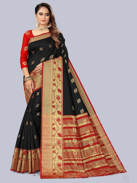 

KAITHY CREATION Black & Red Woven Design Zari Art Silk Banarasi Saree