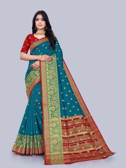 

KAITHY CREATION Blue & Red Floral Zari Art Silk Banarasi Saree