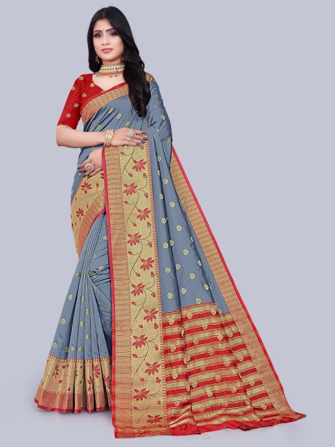 

KAITHY CREATION Grey & Red Floral Art Silk Banarasi Saree