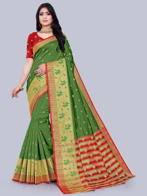 

KAITHY CREATION Green & Red Woven Design Art Silk Banarasi Saree