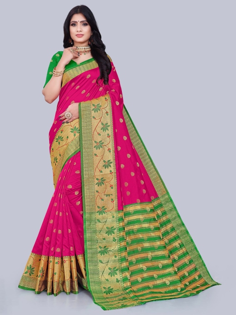 

KAITHY CREATION Pink & Green Floral Zari Art Silk Banarasi Saree