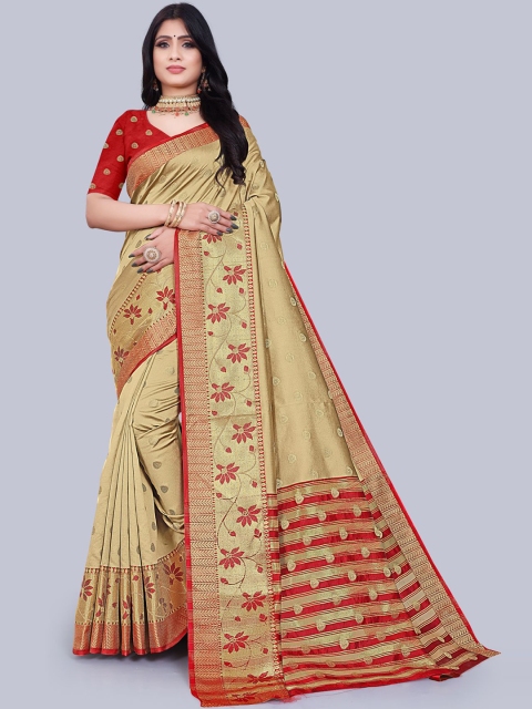 

KAITHY CREATION Cream-Coloured & Red Floral Zari Art Silk Banarasi Saree