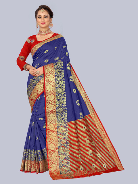 

KAITHY CREATION Navy Blue & Red Ethnic Motifs Zari Art Silk Banarasi Saree