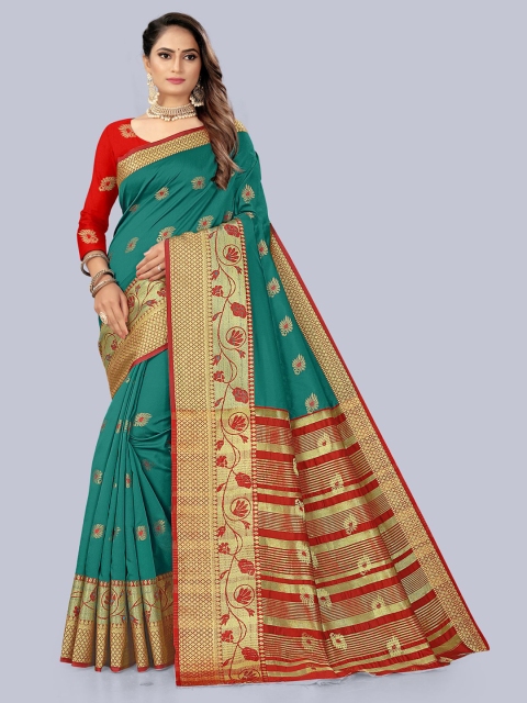 

KAITHY CREATION Green & Red Floral Zari Art Silk Banarasi Saree