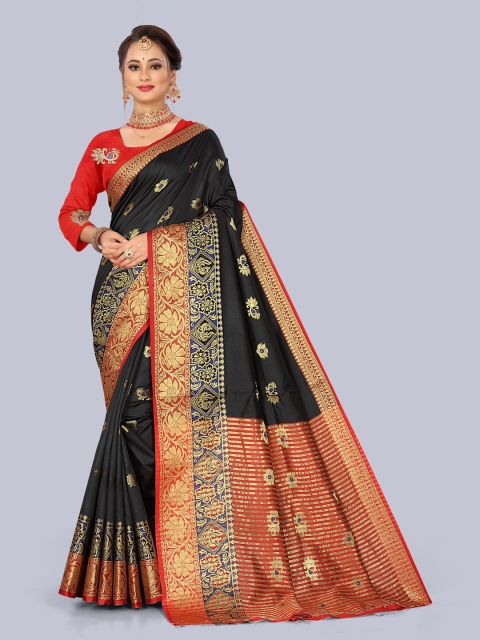 

KAITHY CREATION Women Black & Red Floral Zari Art Silk Banarasi Saree