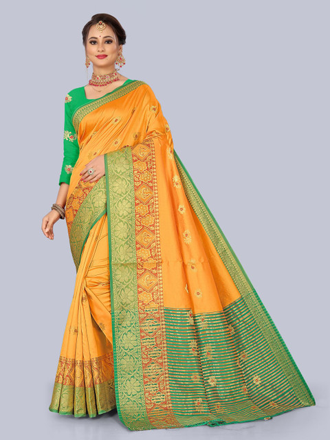 

KAITHY CREATION Yellow & Green Ethnic Motifs Zari Art Silk Banarasi Saree