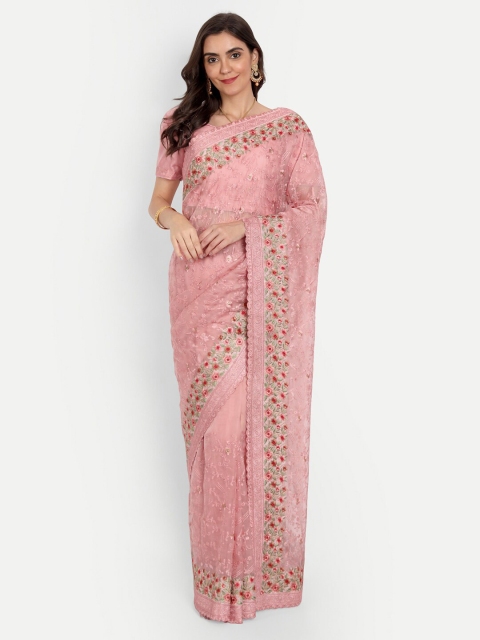 

ASPORA Pink & Red Floral Embroidered Net Banarasi Saree