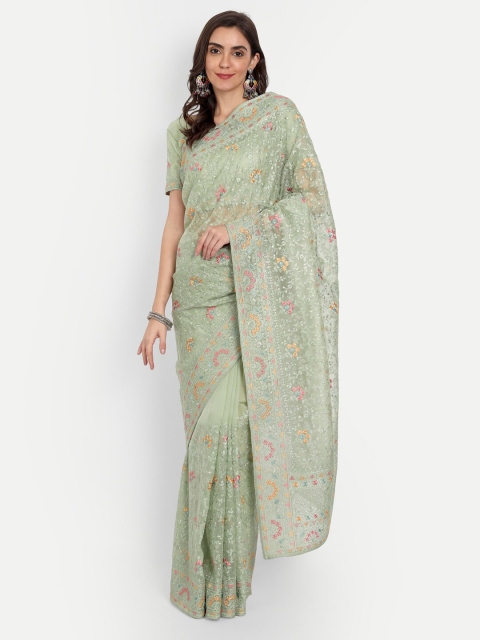 

ASPORA Olive Green & Pink Floral Embroidered Net Baluchari Saree