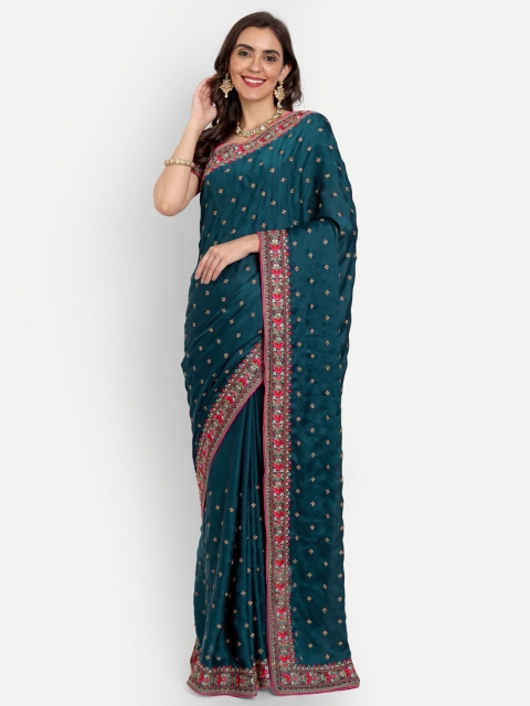 

ASPORA Blue & Red Floral Beads and Stones Satin Kanjeevaram Saree