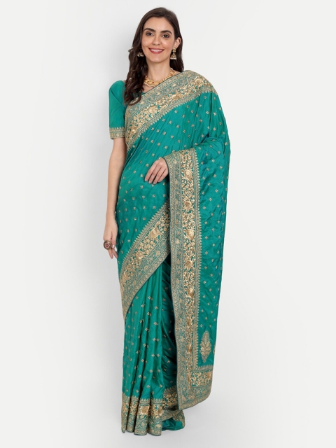 

ASPORA Green & Gold-Toned Floral Embroidered Pure Silk Ilkal Saree