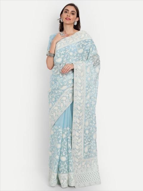 

ASPORA Blue & Off White Paisley Embroidered Organza Heavy Work Saree