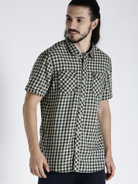 

s.Oliver Men Navy Blue & Lime Green Checked Casual Shirt