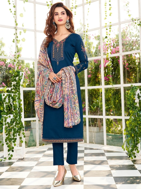

Shaily Navy Blue & Pink Embroidered Pure Cotton Unstitched Dress Material