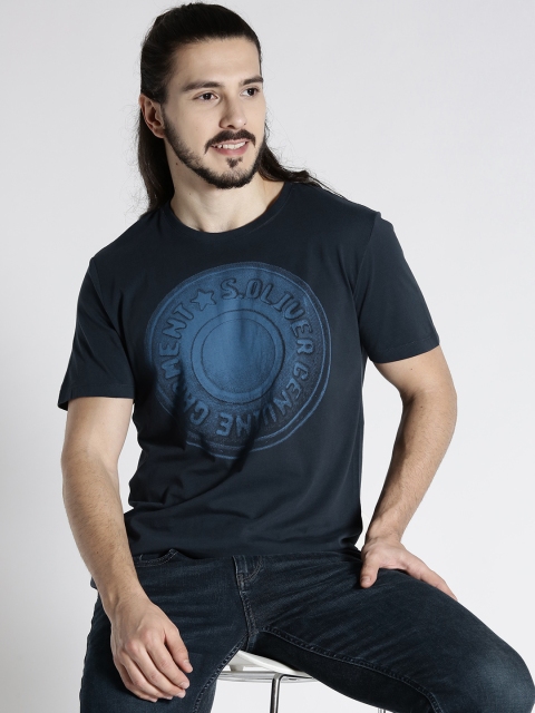 

s.Oliver Men Navy Printed Round Neck T-shirt, Navy blue