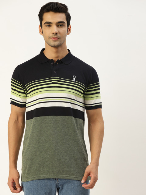 

PORTBLAIR Men Green & Black Striped Polo Collar Slim Fit T-shirt