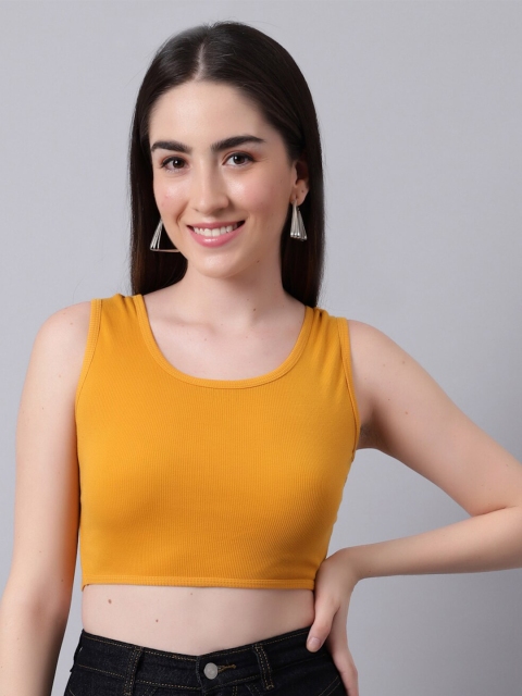 

River Of Design Jeans Women Mustard Yellow Styled Back Cotton Crop Top