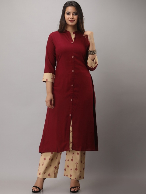 

MAUKA Women Maroon Solid A-line Kurta with Printed Palazzo