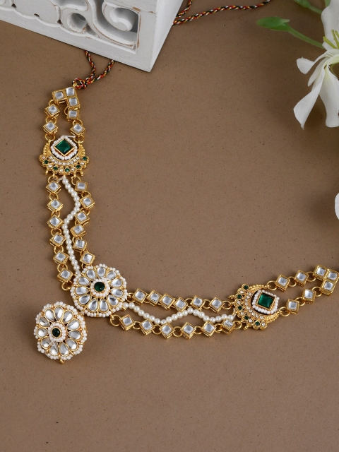 

Silvermerc Designs Gold-Plated Green & White Kundan Sheeshphool Matha Patti