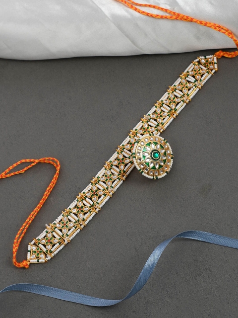 

Silvermerc Designs Gold-Plated Green& White Kundan-Studded Sheeshphool Mathapatti