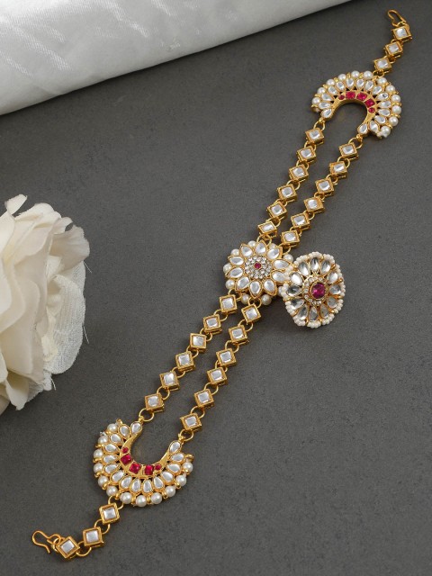 

Silvermerc Designs Gold-Plated Pink & White Kundan & Beaded Sheeshphool Matha Patti