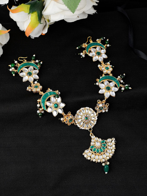 

Silvermerc Designs Gold-Plated green & White Kundan Sheeshphool Matha Patti