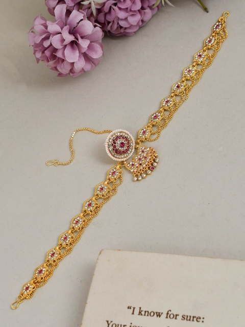 

Silvermerc Designs Gold-Plated Pink Stone-Studded Sheeshphool Mathapatti