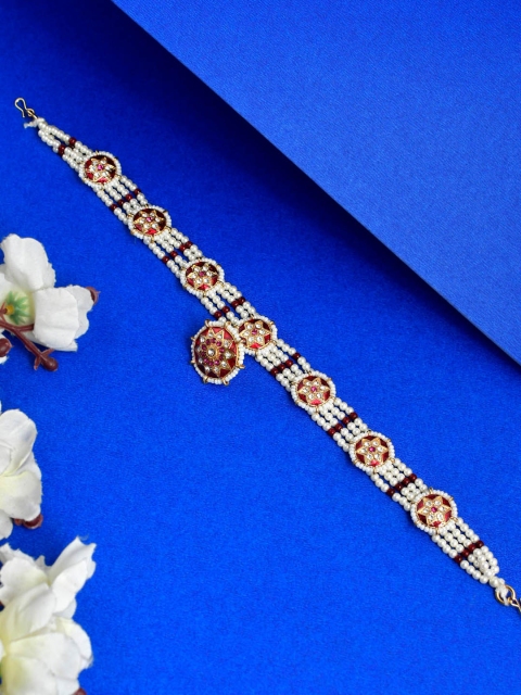 

Silvermerc Designs Gold-Plated Red & White Stone-Studded & Pearls Beaded Layered Sheeshphool Matha Patti
