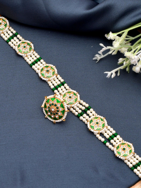 

Silvermerc Designs Gold-Plated White & Green Stone-Studded & Pearl Beaded Sheeshphool Matha Patti