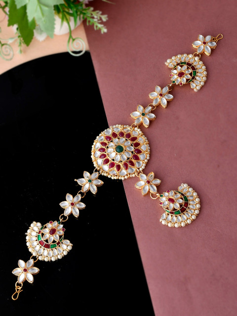 

Silvermerc Designs Gold-Plated Red & White Kundan-Studded & Beaded Sheeshphool Matha Patti