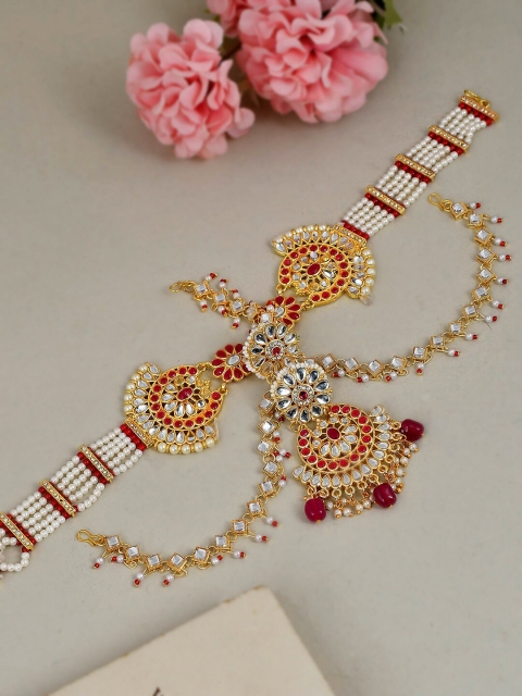 

Silvermerc Designs Gold-Plated Red & White Pearl Beaded Floral Sheeshphool