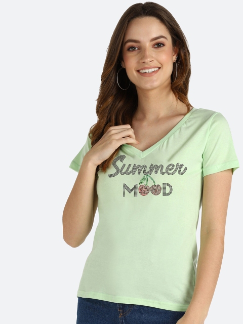 

shashvi Women Sea Green Typography Printed V-Neck T-shirt