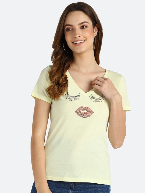 

shashvi Women Yellow Printed V neck T-shirt
