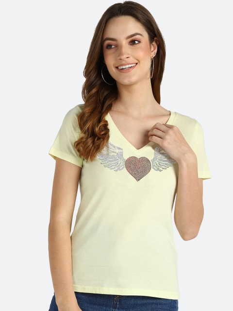 

shashvi Women Yellow Typography Printed V-Neck T-shirt