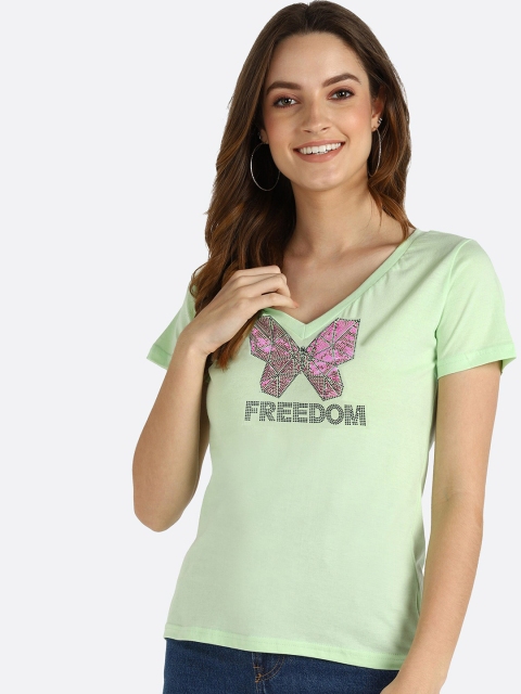 

shashvi Women Sea Green V-Neck T-shirt