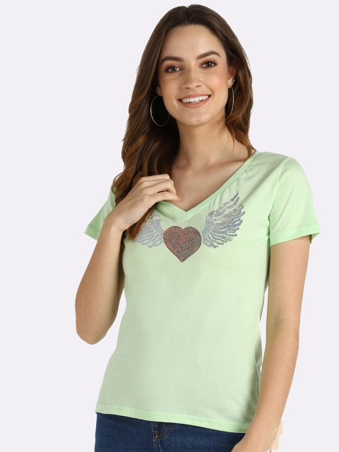 

shashvi Women Sea Green Printed V-Neck T-shirt