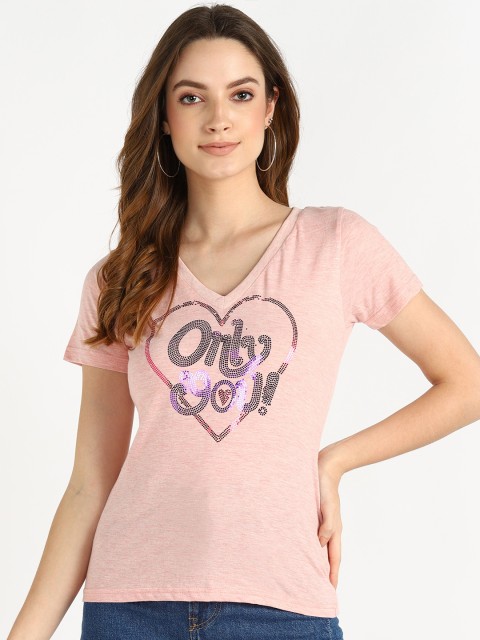 

shashvi Women Pink Printed V-Neck Extended Sleeves T-shirt