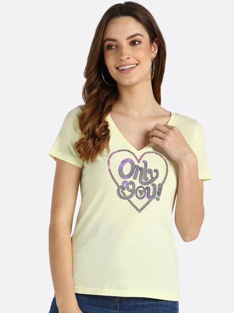 

shashvi Women Yellow Printed V-Neck Applique T-shirt