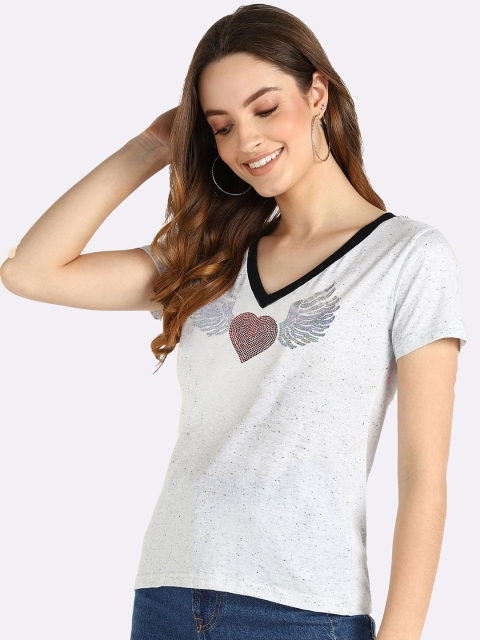 

shashvi Women White V-Neck Extended Sleeves Applique T-shirt