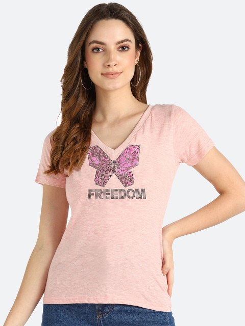

shashvi Women Pink Typography Printed V-Neck Extended Sleeves T-shirt