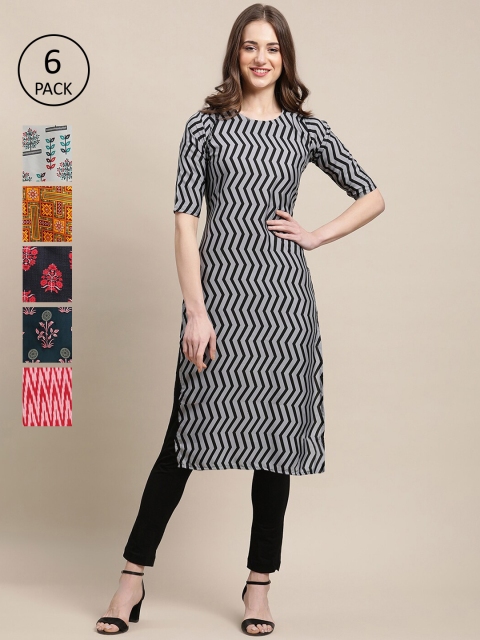 

1 Stop Fashion Women Pack of 6 Floral Printed Summer Sheers Crepe Kurta, Grey