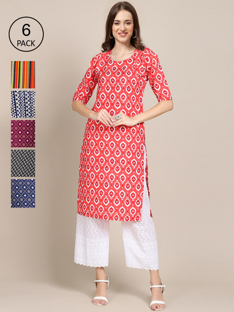 

1 Stop Fashion Women Pack Of 6 Multicoloured Ethnic motifs Printed Crepe Kurta, Multi