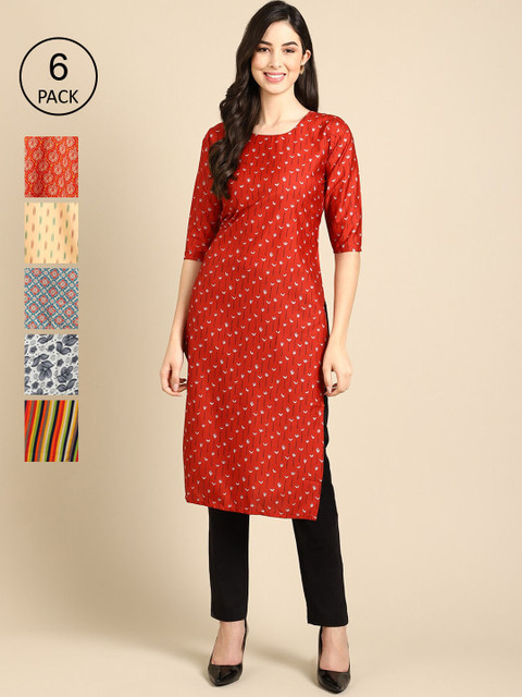 

1 Stop Fashion Women Pack Of 6 Printed Crepe Kurta, Multi