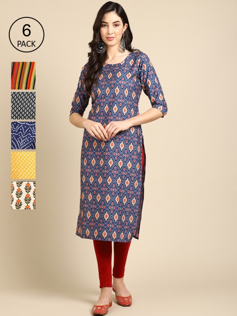 

1 Stop Fashion Women Pack of 6 Geometric Printed Summer Sheers Crepe Kurta, Yellow