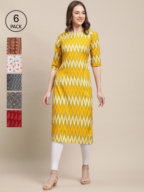 

1 Stop Fashion Women Pack of 6 Digital Printed Crepe Straight Kurtas, Yellow