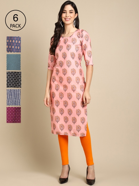 

1 Stop Fashion Pack Of 6 Women Pink & Blue Ethnic Motifs Printed Crepe Kurta