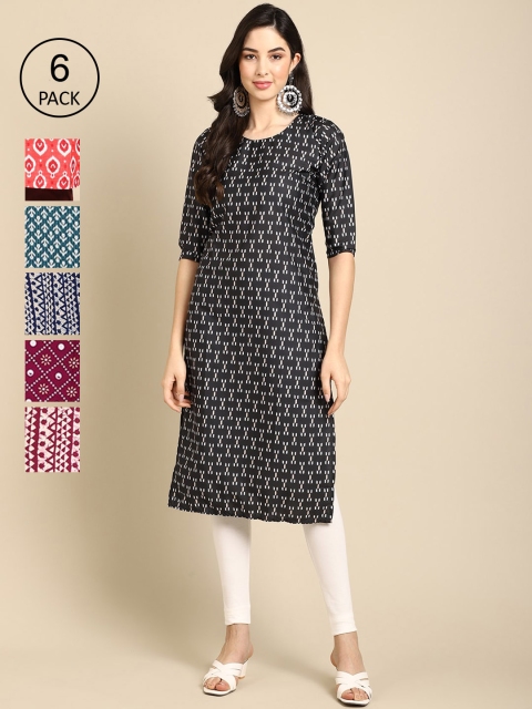

1 Stop Fashion Pack Of 6 Women Printed Straight Crepe Kurta, Red