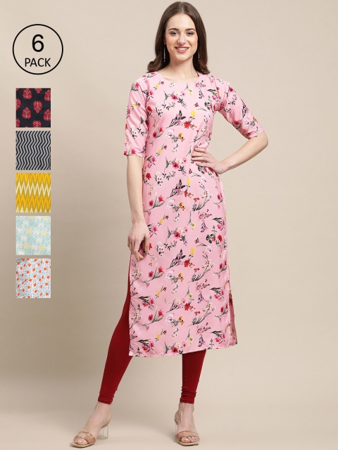 

1 Stop Fashion Pack Of 6 Women Printed Straight Crepe Kurta, Pink